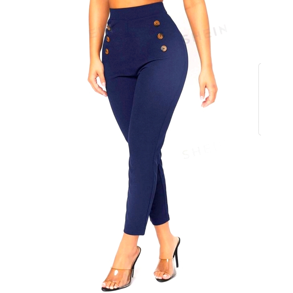 Petite High-Waist Double Button Skinny Cropped Pants